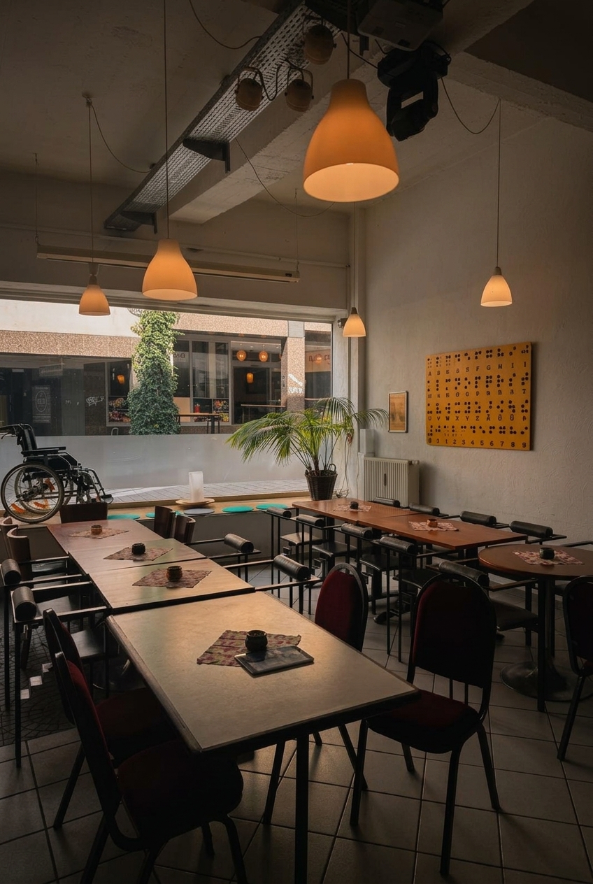 Blick in den leeren Gastraum des Dunkelcafé Siegen mit gedeckten Tischen